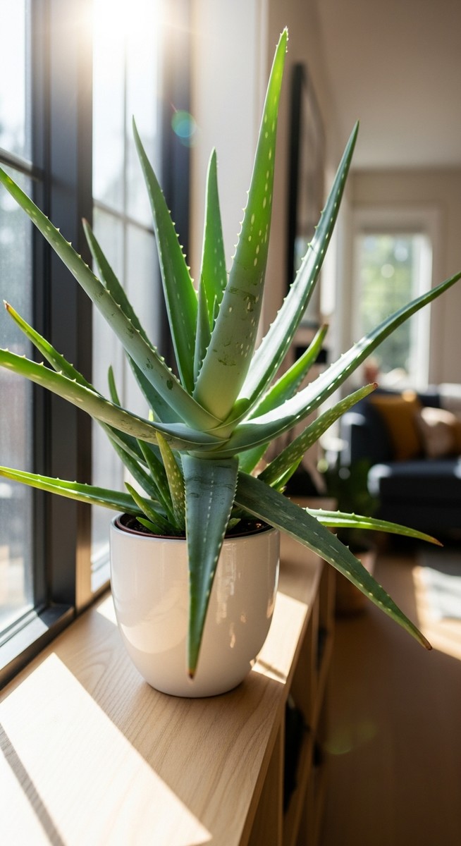 a aloe vera with its leaves oriented toward the light in a bright home interior