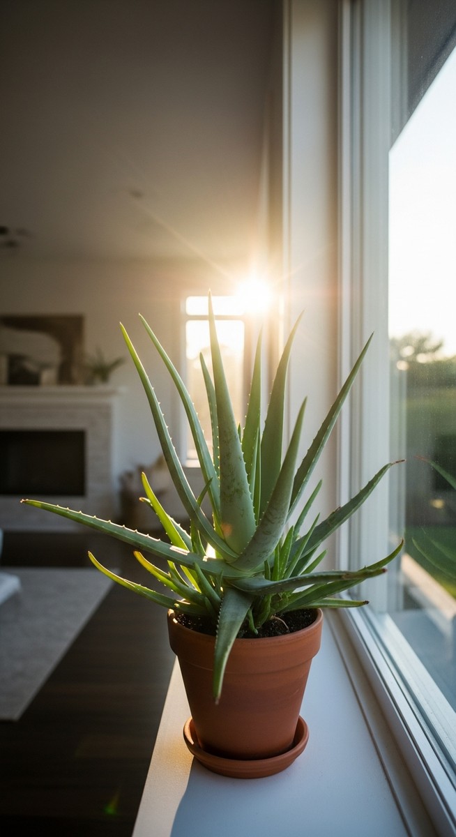 a aloe vera in the brightest spot of a bright home interior