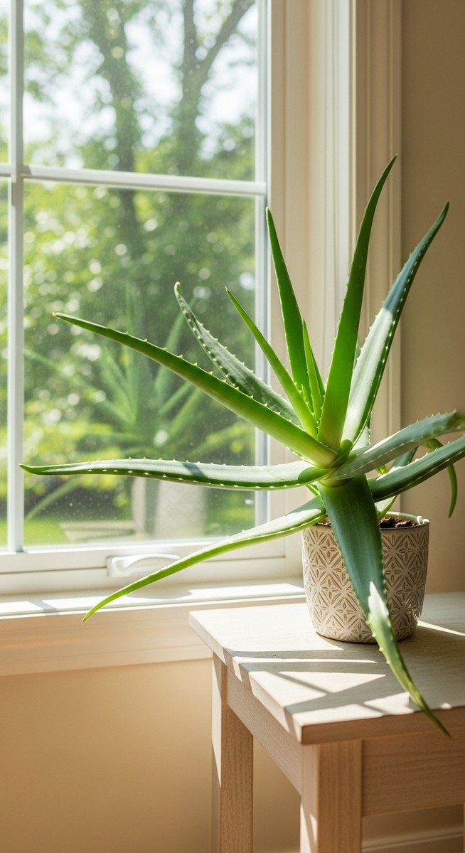 a aloe vera with its leaves oriented toward the light in a bright home interior
