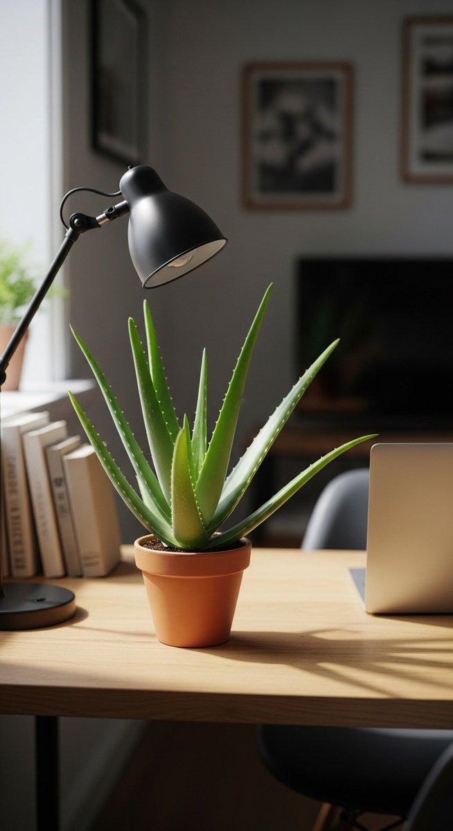 a aloe vera plant on a home office desk creating a calming atmosphere