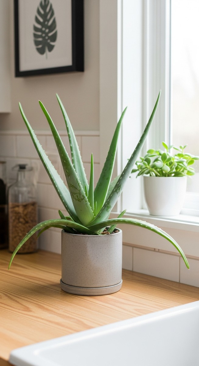 a aloe vera plant on a kitchen windowsill in a bright fresh kitchen