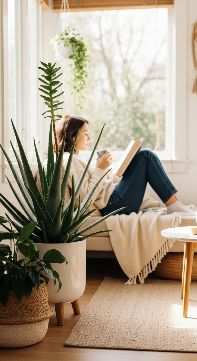 a person relaxing near a large aloe vera plant in a bright home interior