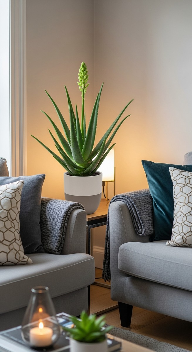 a aloe vera plant in a stylish living room corner next to seating, for aloe vera plant benefits