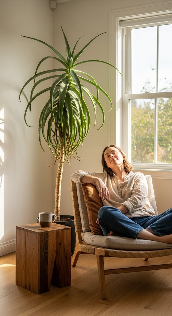 a person relaxing near a large aloe vera plant in a bright home interior