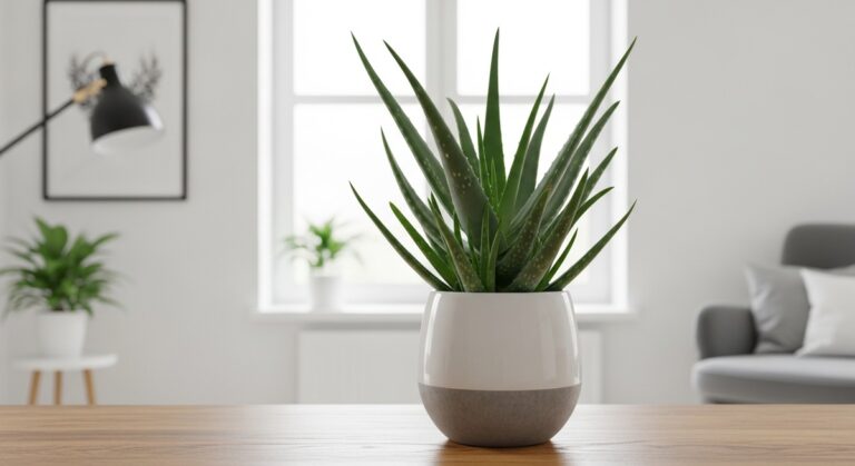 a healthy aloe vera plant displayed in a bright modern living room, for aloe vera plant care
