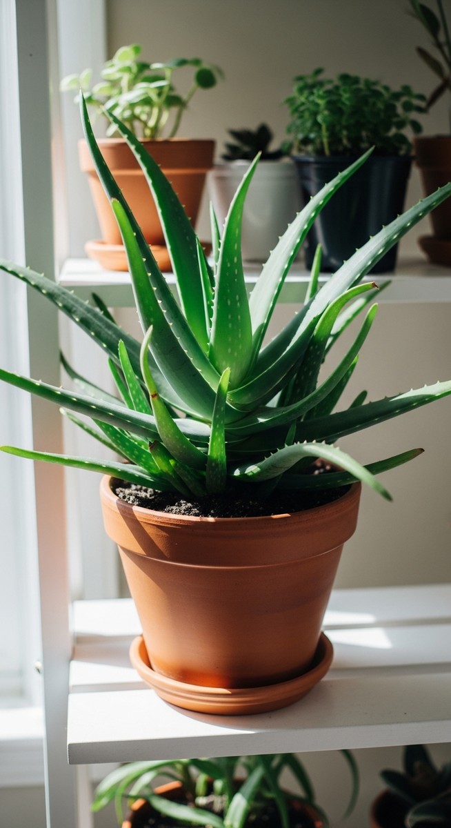 a lush aloe vera plant in a terracotta pot on a white shelf