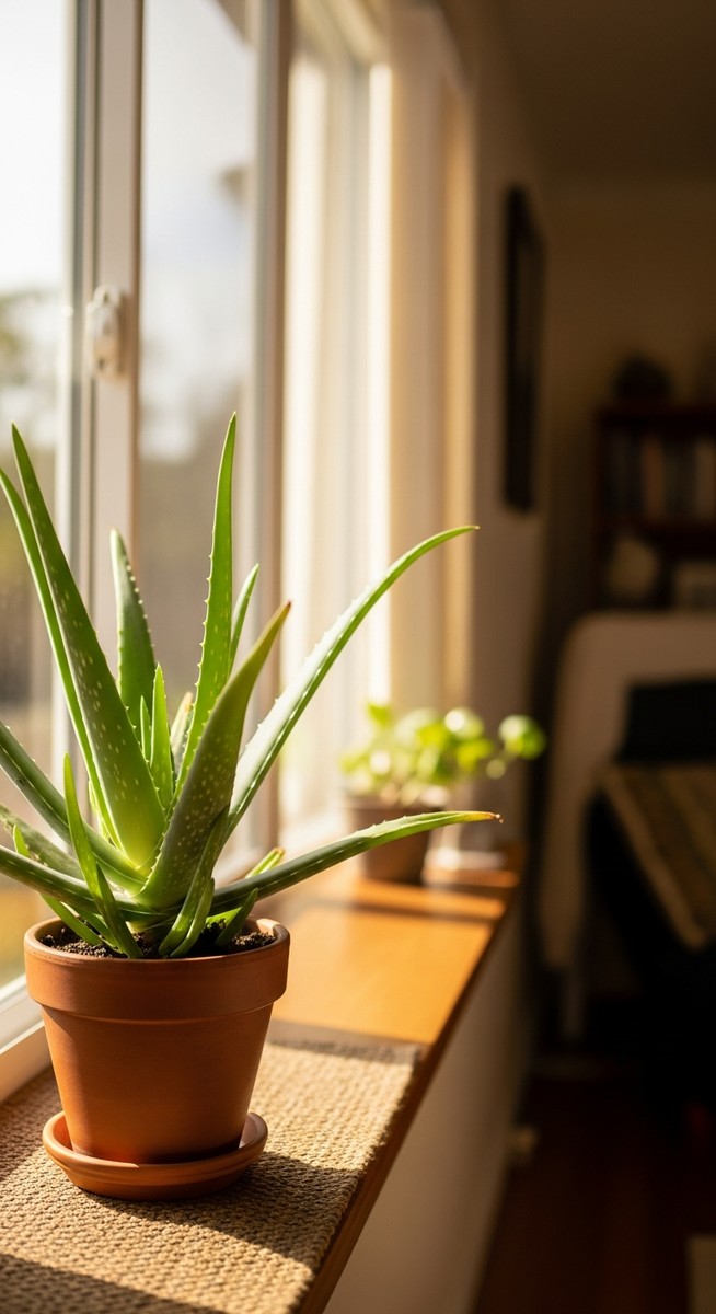 a aloe vera plant in a pot near a bright window