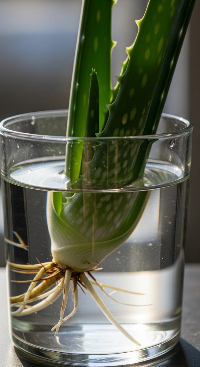 a aloe vera cutting in water with white roots beginning to develop
