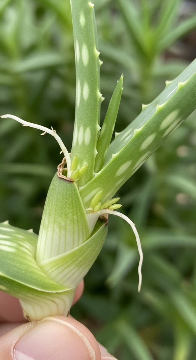 close-up of a aloe vera cutting node with root nubs emerging, for aloe vera propagation