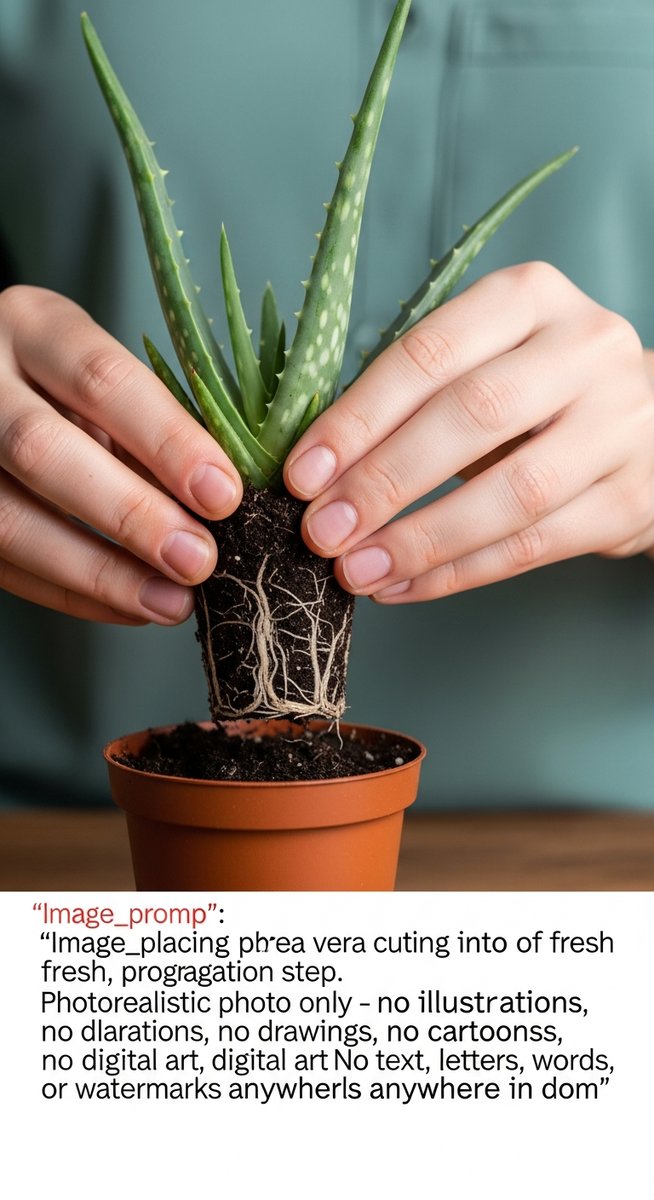 hands planting a rooted aloe vera cutting into fresh soil, for aloe vera propagation