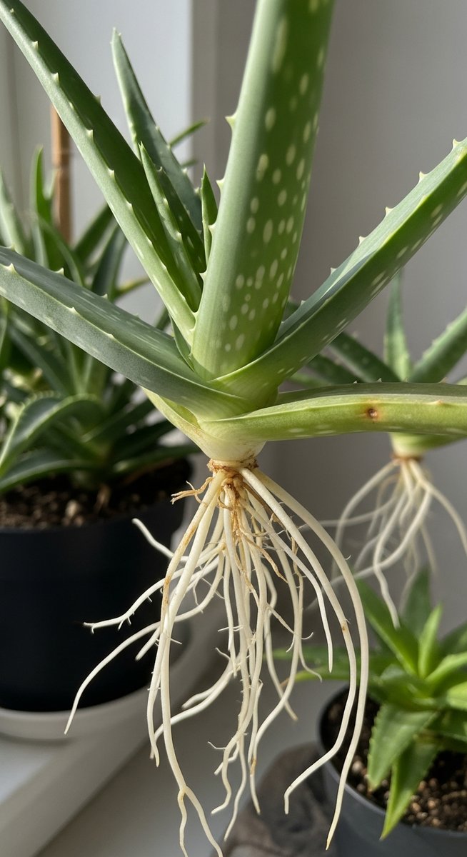 a aloe vera cutting with healthy roots in water ready to pot