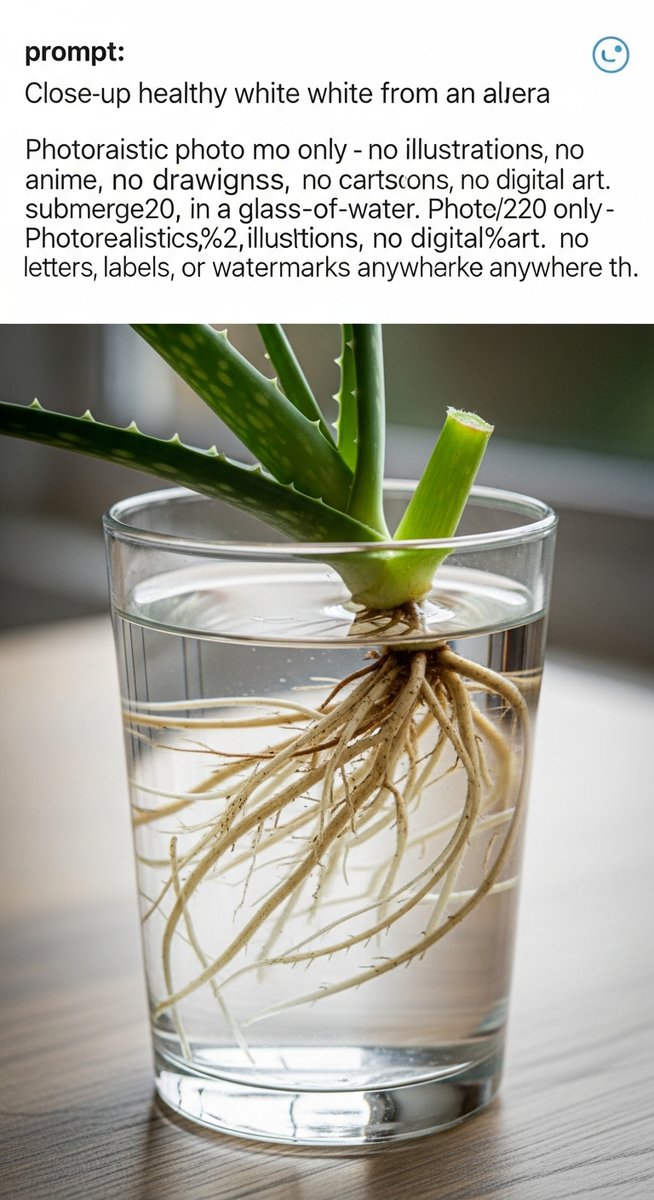 close-up of white roots growing from a aloe vera cutting in water, for aloe vera propagation