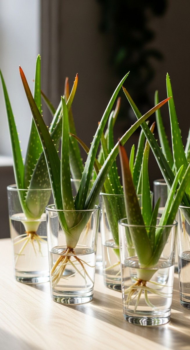 multiple aloe vera cuttings at different stages of rooting in water