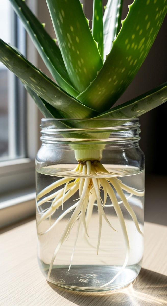 a aloe vera cutting with healthy roots in water ready to pot