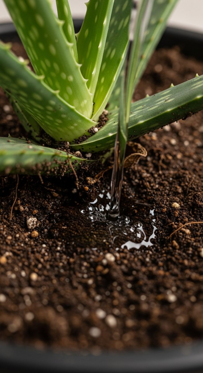 close-up of water being poured into the soil of a aloe vera plant