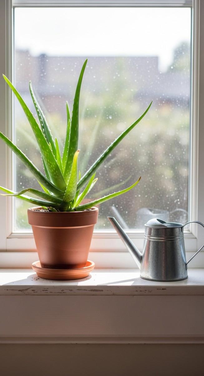 a aloe vera plant on a windowsill next to a small watering can