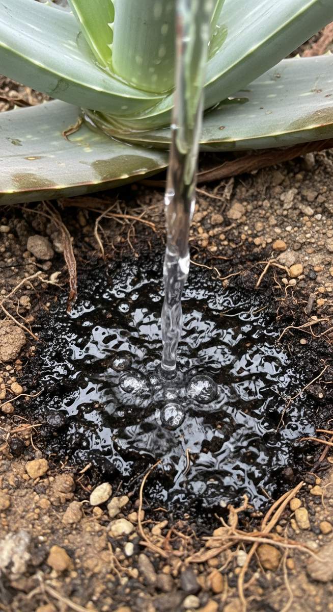 close-up of water soaking into the soil of a aloe vera plant, for aloe vera watering