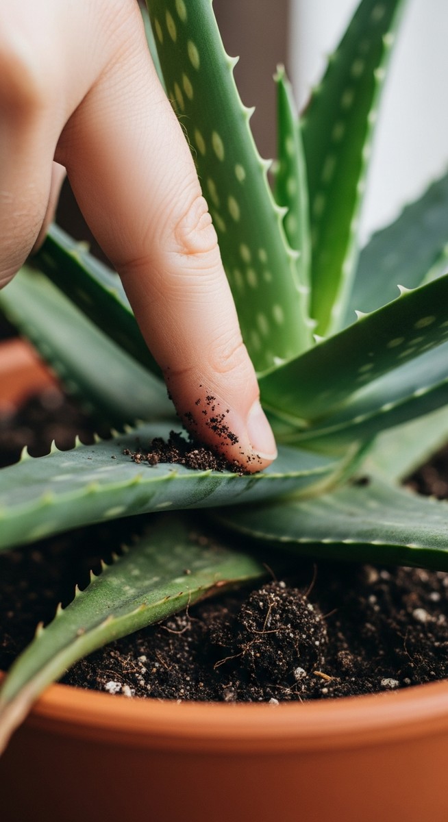 a person checking soil moisture of a aloe vera plant before watering, for aloe vera watering
