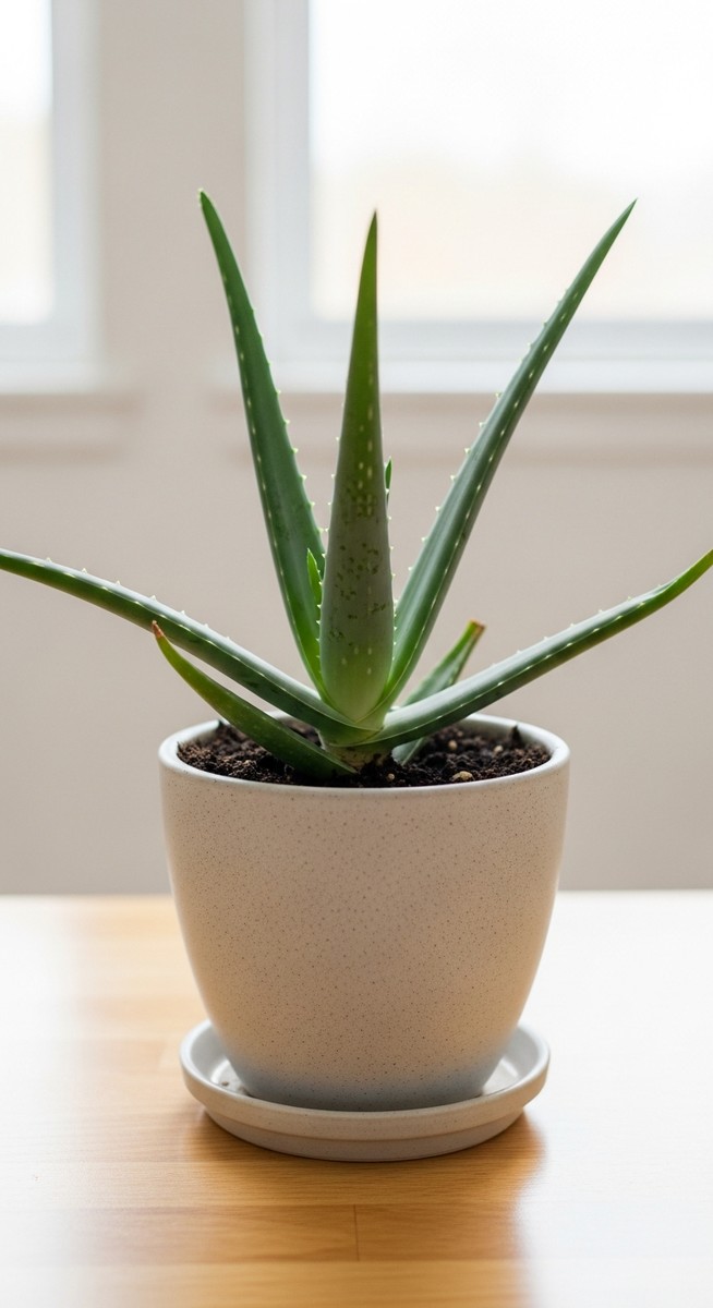 a aloe vera plant in a pot with a saucer underneath