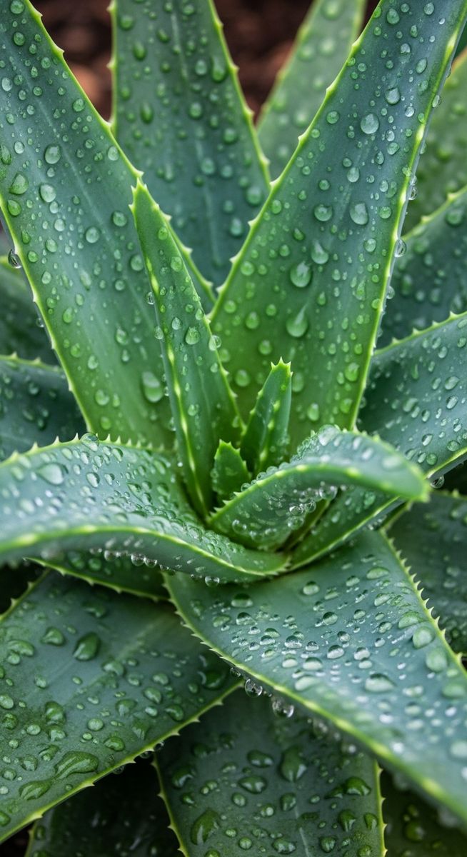 a aloe vera plant with water droplets on the leaves after watering