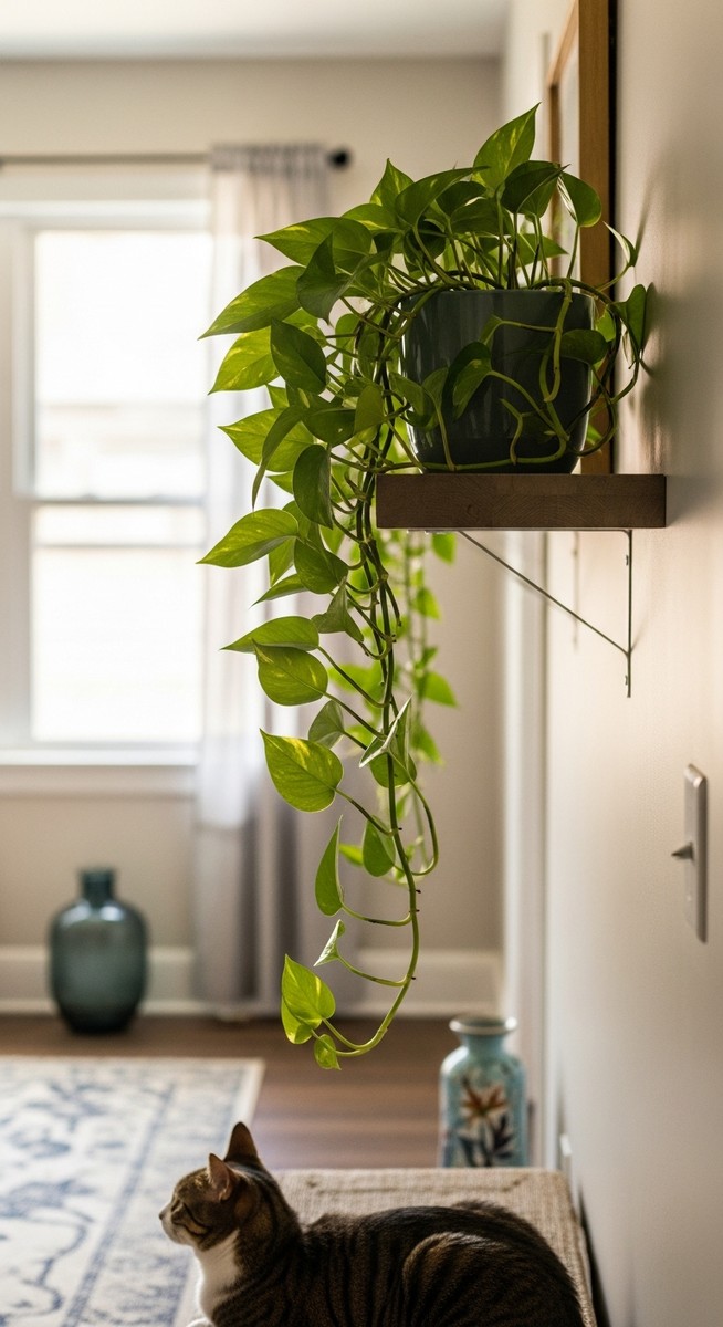 a pothos plant out of reach on a shelf with a cat below