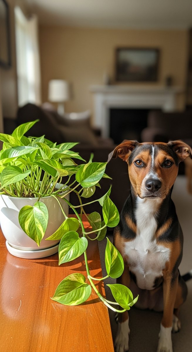 a pothos plant in a pot with a dog sitting calmly nearby, for are pothos toxic dogs