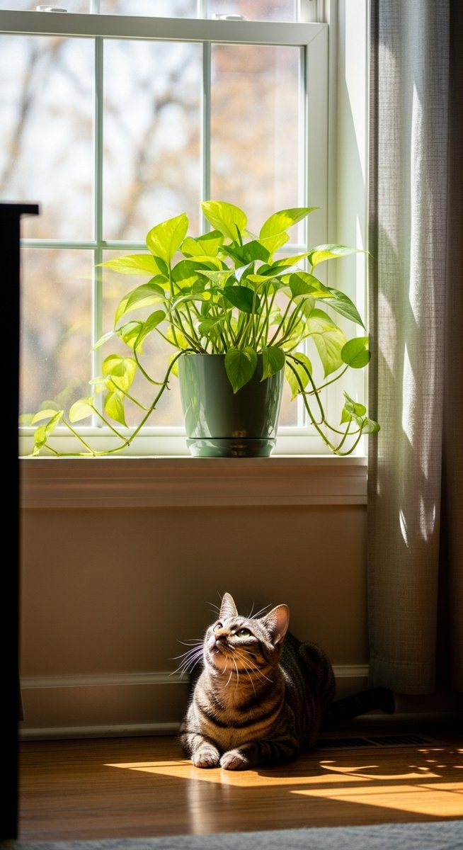 a pothos plant on a windowsill with a cat looking up at it