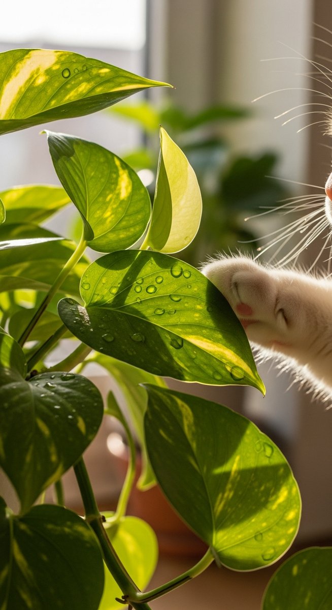 close-up of pothos leaves with a cat nearby, for are pothos toxic dogs