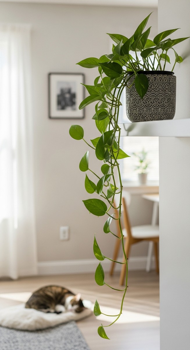 a pothos plant on a high shelf with a pet in the background