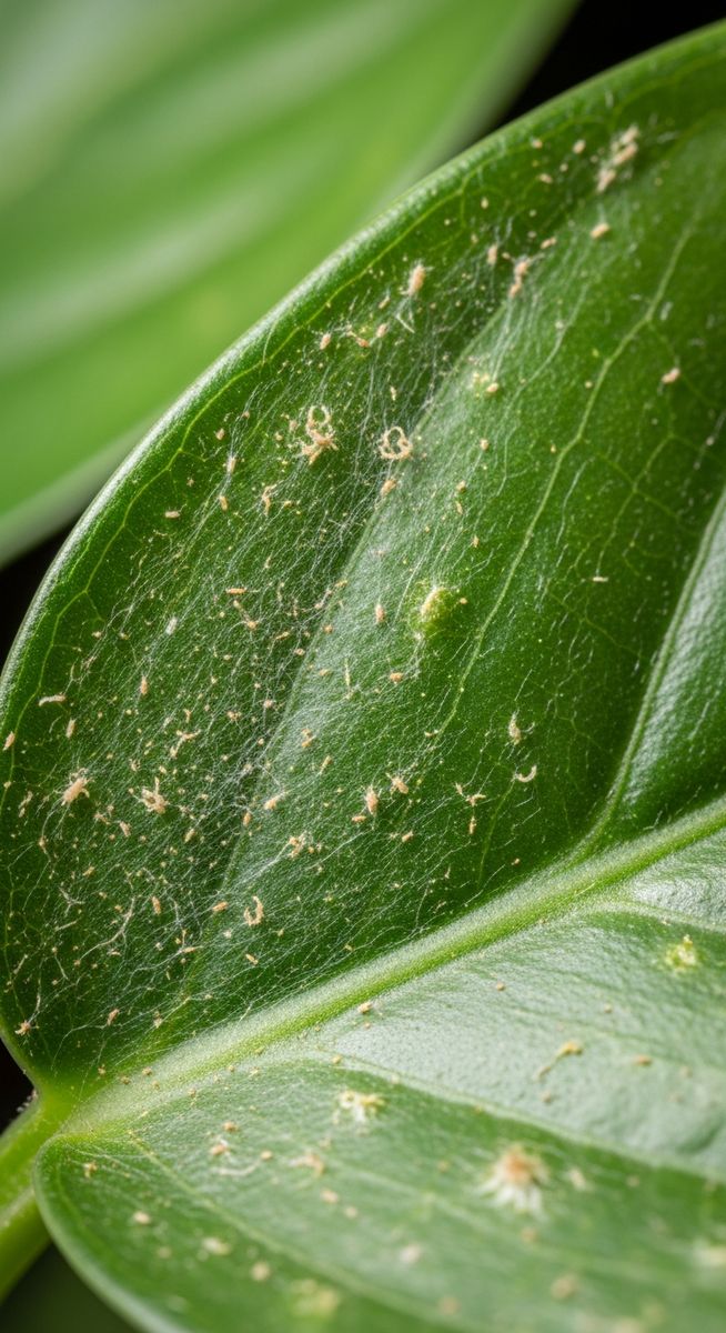 close-up of a houseplant foliage leaf showing webbing from spider mites