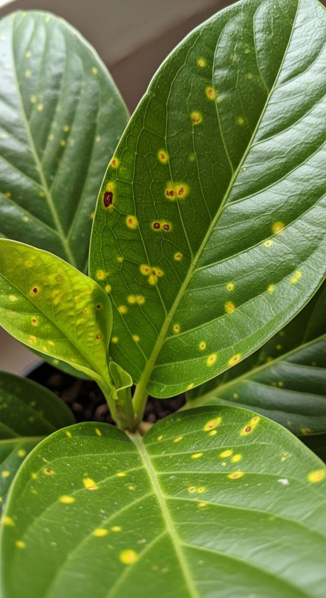 close-up of houseplant foliage leaves showing stippling from pest damage