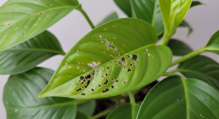close-up of houseplant foliage leaves showing pest damage and discolouration, for avoid thrips houseplants