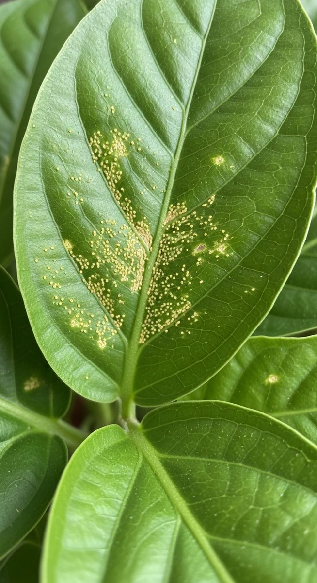 close-up of houseplant foliage leaves showing stippling from pest damage