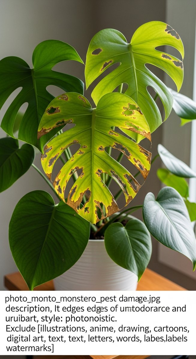 a monstera plant with visibly pest-damaged leaves, for bacterial leaf spot monstera