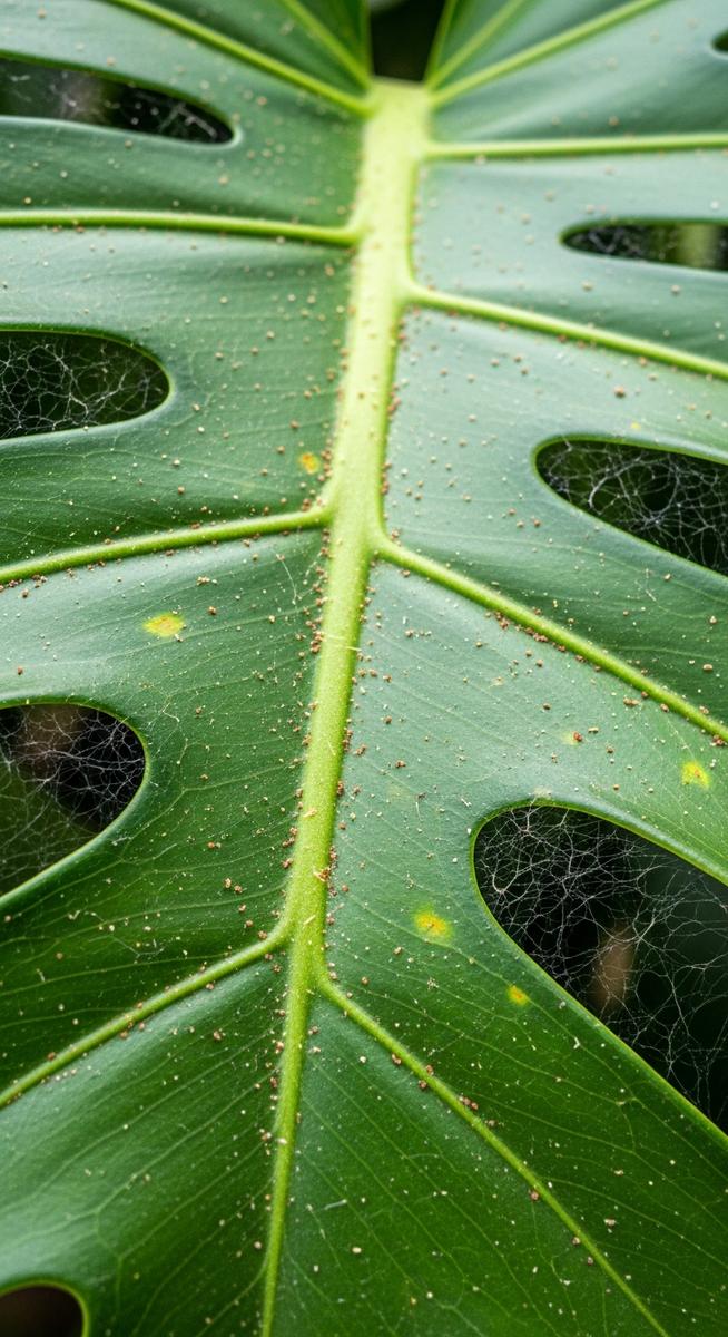 close-up of a monstera leaf showing webbing from spider mites