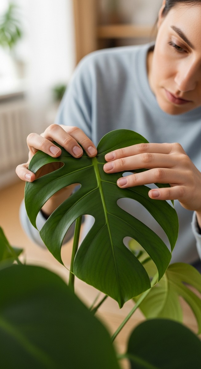 a person inspecting a monstera plant for signs of pest infestation, for bacterial leaf spot monstera