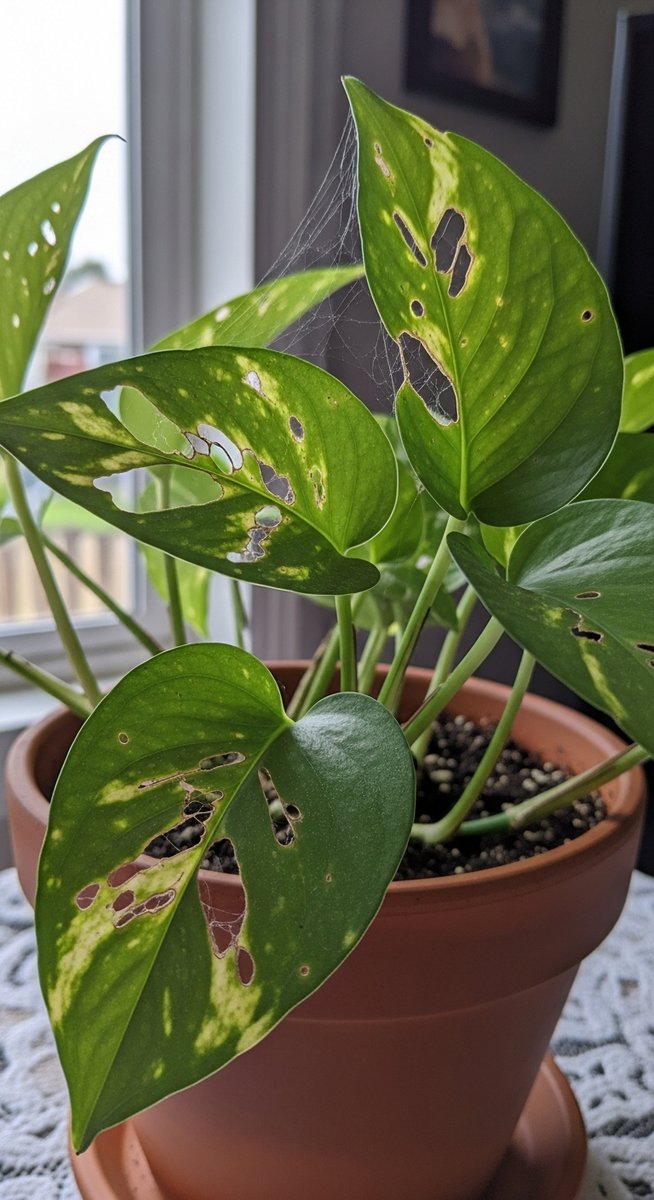 a pothos plant with visibly pest-damaged leaves, for bacterial leaf spot pothos