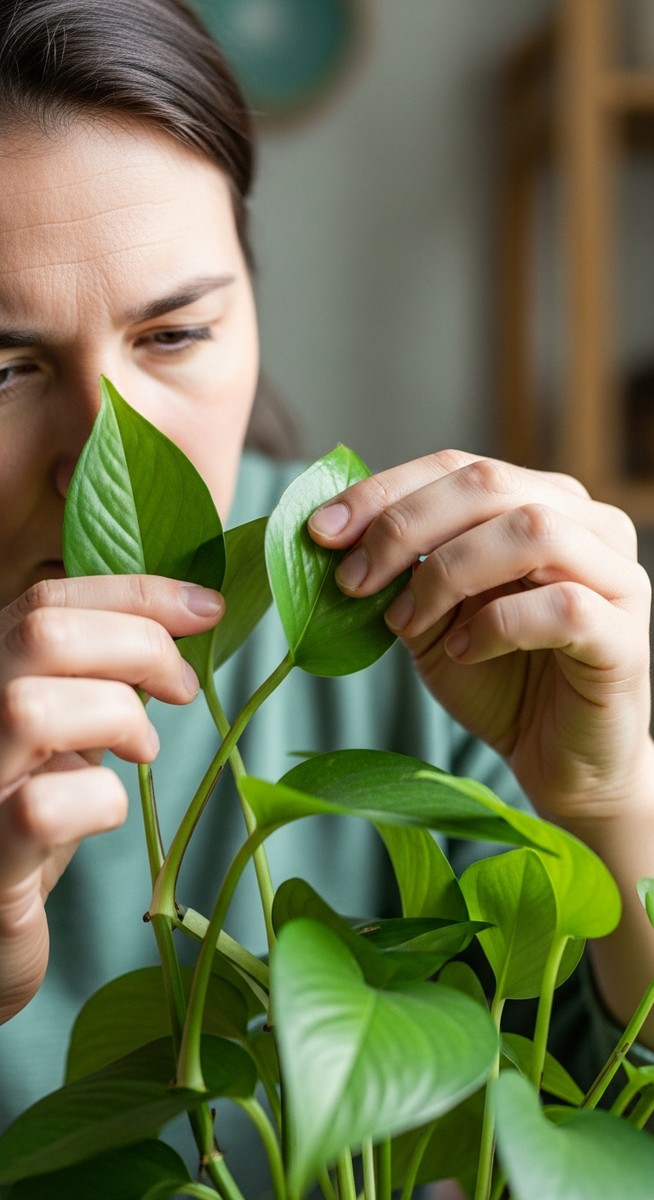a person inspecting a pothos plant for signs of pest infestation, for bacterial leaf spot pothos