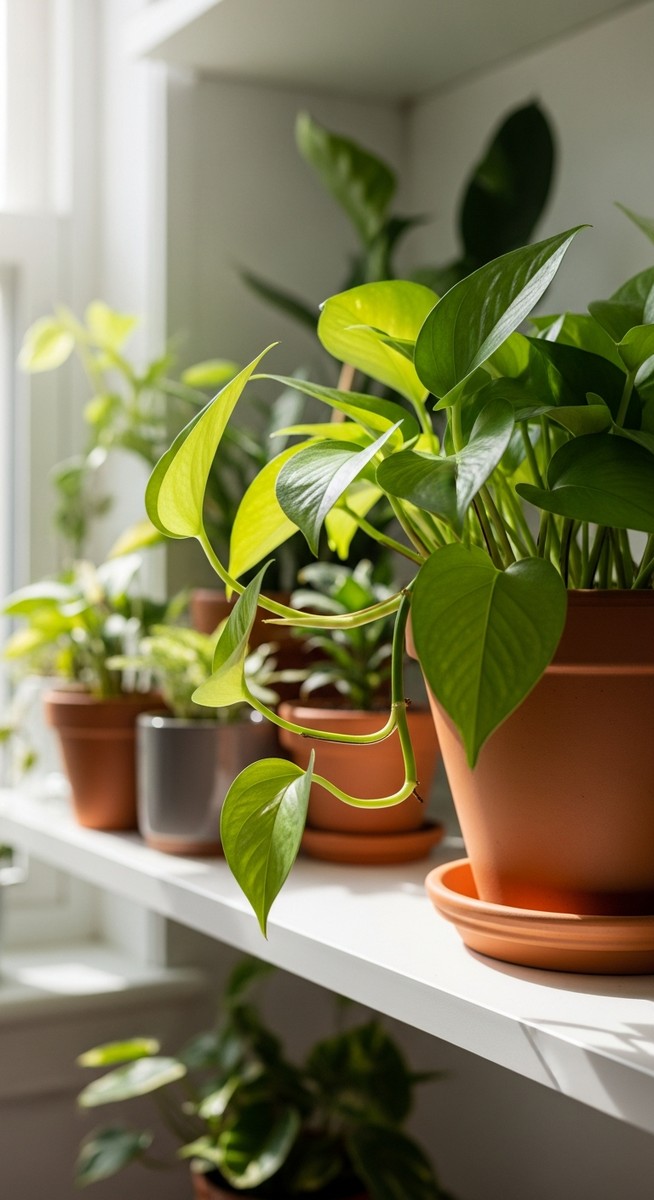 a lush pothos plant in a terracotta pot on a white shelf