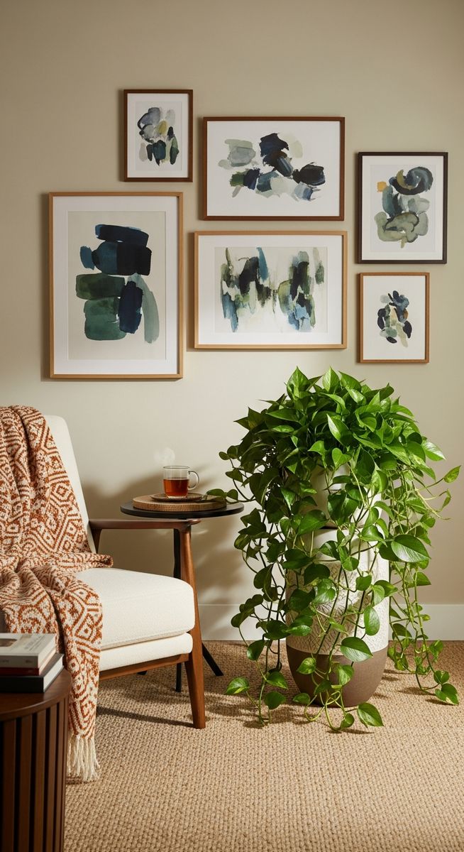 a large thriving pothos plant as a living room focal point, for baltic blue pothos