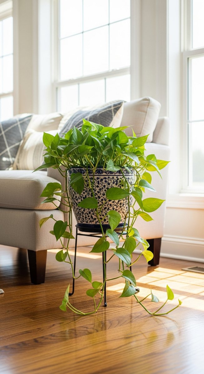 a pothos plant in a decorative pot on a wooden floor
