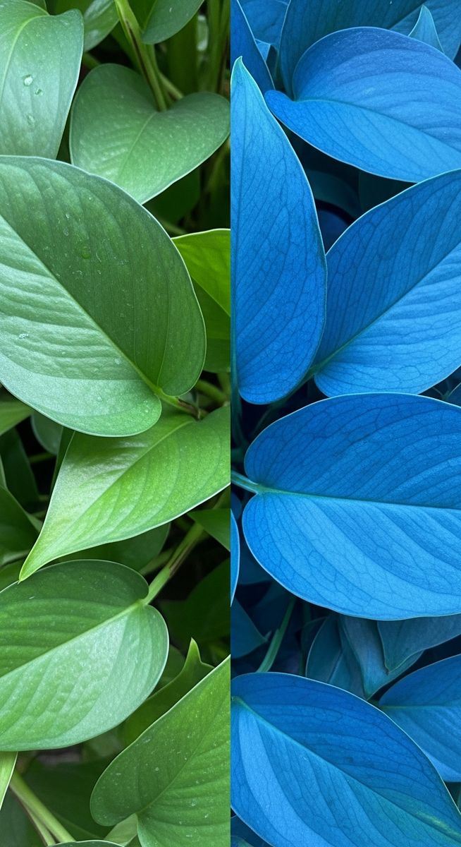 close-up comparison of baltic blue pothos leaves next to cebu blue pothos leaves