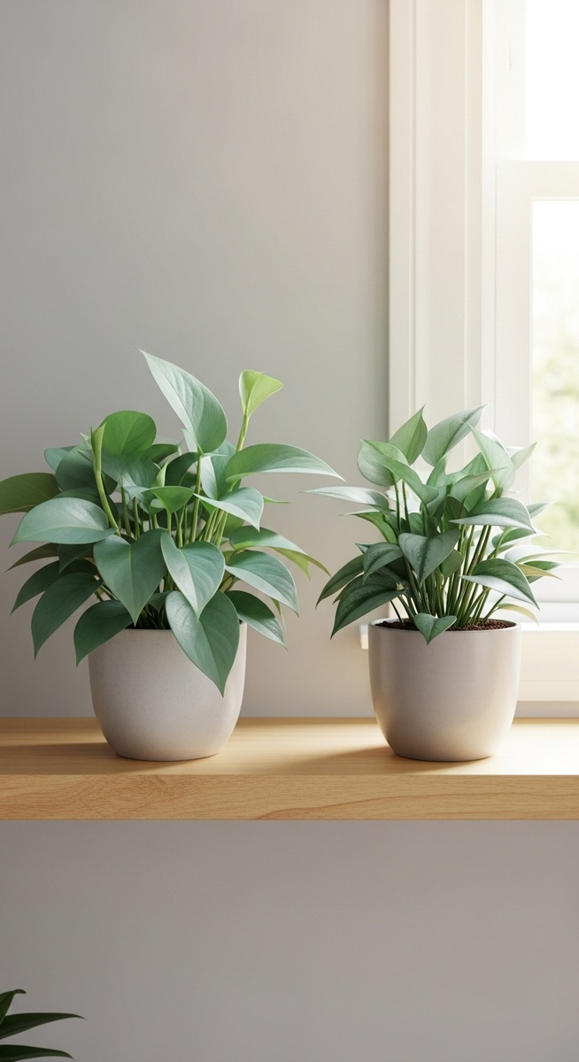 a baltic blue pothos plant and a cebu blue pothos plant displayed together on a shelf, for baltic blue vs cebu blue pothos