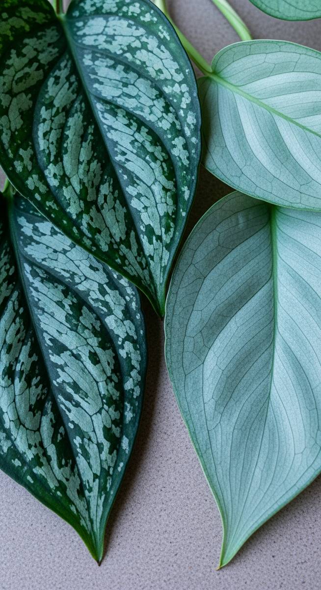 close-up of baltic blue pothos and cebu blue pothos leaves side by side for comparison