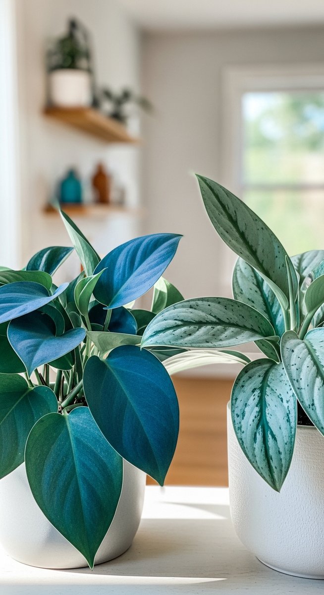 two pots side by side containing a baltic blue pothos plant and a cebu blue pothos plant, for baltic blue vs cebu blue pothos