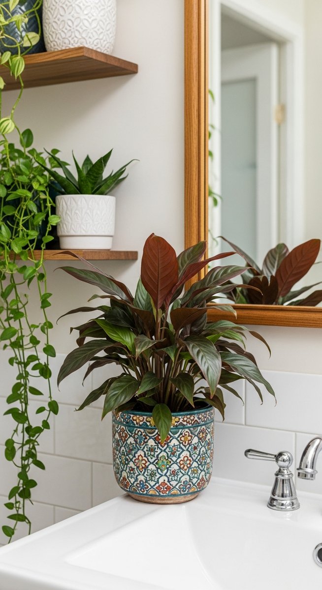 a mixed houseplants plant in a decorative pot as a focal point in a stylish bathroom with plants on shelves near the sink