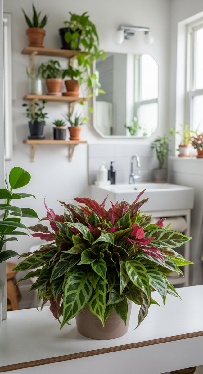 a mixed houseplants plant displayed on a shelf in a stylish bathroom with plants on shelves near the sink, for bathroom plants