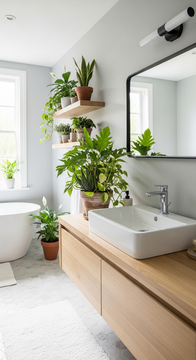 a mixed houseplants plant as a key decorative element in a stylish bathroom with plants on shelves near the sink