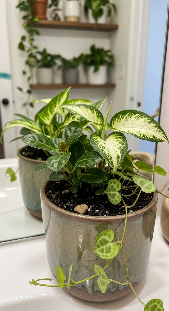 close-up of a mixed houseplants plant in a stylish pot in a stylish bathroom with plants on shelves near the sink, for bathroom plants