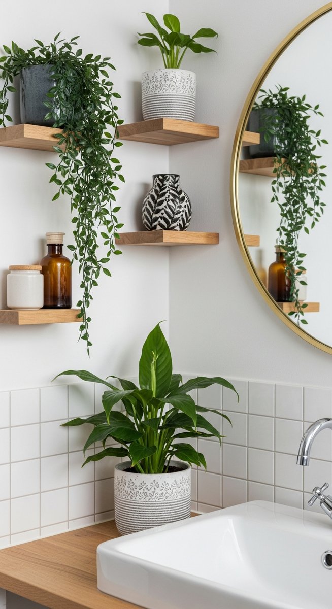 a mixed houseplants plant paired with decorative objects in a stylish bathroom with plants on shelves near the sink